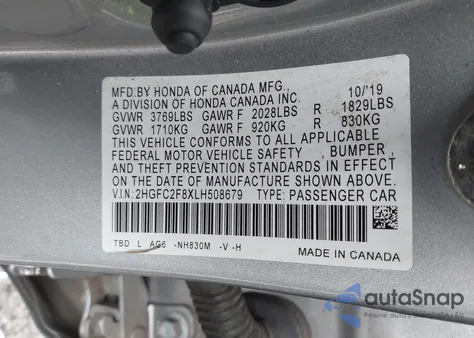 2020 Honda Civic Sport из США, поврежденный, VIN 2HGFC2F8XLH508679